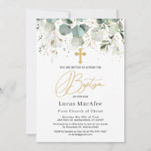 Invitation Eucalyptus Gold Foliage Croix Baptême 