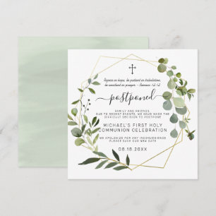 Invitation Eucalyptus Gold Géométrique Communion Reportée