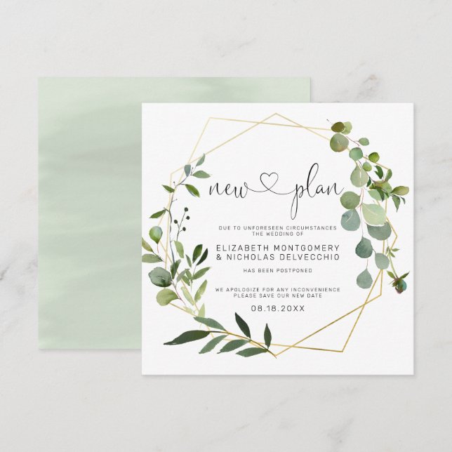 Invitation Eucalyptus Gold Géométrique | Mariage reporté (Devant / Derrière)