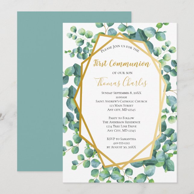 Invitation Eucalyptus Gold Green Boy Girl First Communion (Devant / Derrière)