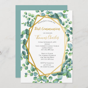 Invitation Eucalyptus Gold Green Boy Girl First Communion