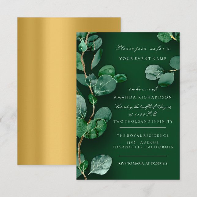 Invitation Eucalyptus Gold Green Bridal Anniversaire (Devant / Derrière)