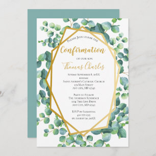 Invitation Eucalyptus Gold Green Floral Boy Girl Confirmation