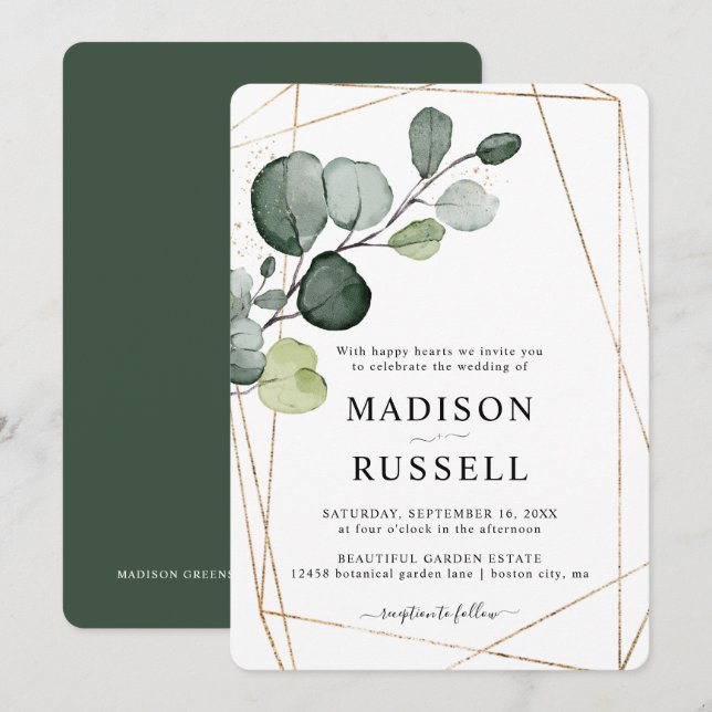 Invitation Eucalyptus Gold Greenery Mariage (Devant / Derrière)