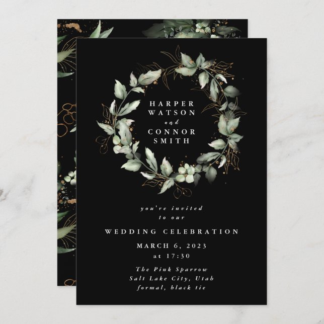 Invitation Eucalyptus Gold Noir Premium Wreath Verdure Moss (Devant / Derrière)