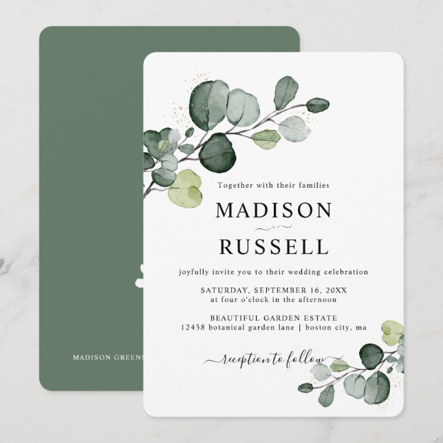 Invitation Eucalyptus Gold Splatter Mariage de verdure (Devant / Derrière)