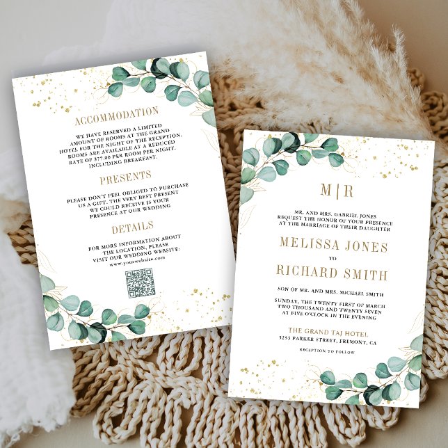 Invitation Eucalyptus Gold Tout en Un Code QR Mariage Formel (Créateur téléchargé)