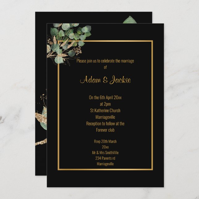 INVITATION EUCALYPTUS GOLD TRIM ÉLÉGANT MARIAGE 2 (Devant / Derrière)