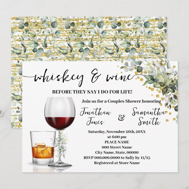 Invitation Eucalyptus Gold Whiskey & Wine Couples Douche (Devant / Derrière)