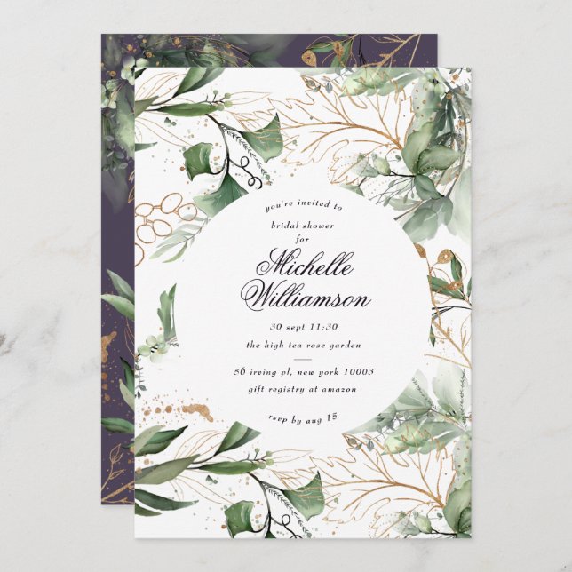 Invitation Eucalyptus Golden Boho Fête des mariées Pampas mod (Devant / Derrière)