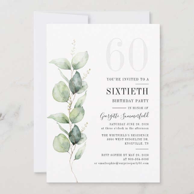 Invitation Eucalyptus Green 60e fête d'anniversaire (Devant)