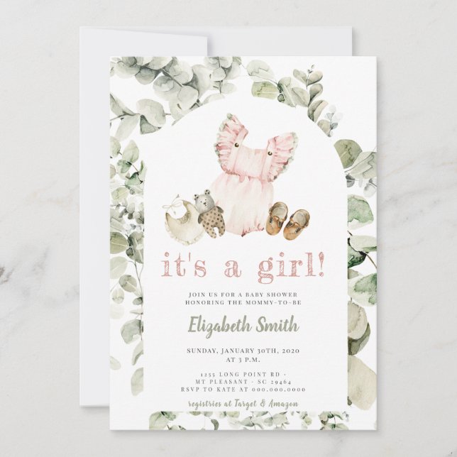 Invitation Eucalyptus Green Boho C'est un Baby shower féminin (Devant)