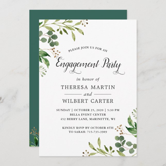 Invitation Eucalyptus Green Feuilles Chic Engagement Party (Devant / Derrière)