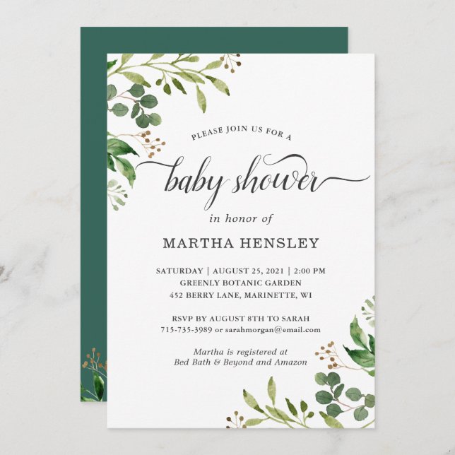 Invitation Eucalyptus Green Feuilles Nature Look Baby shower (Devant / Derrière)