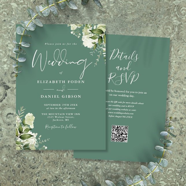 Invitation Eucalyptus Green Floral Code QR Mariage (Eucalyptus Green Floral QR Code Wedding Invitation)