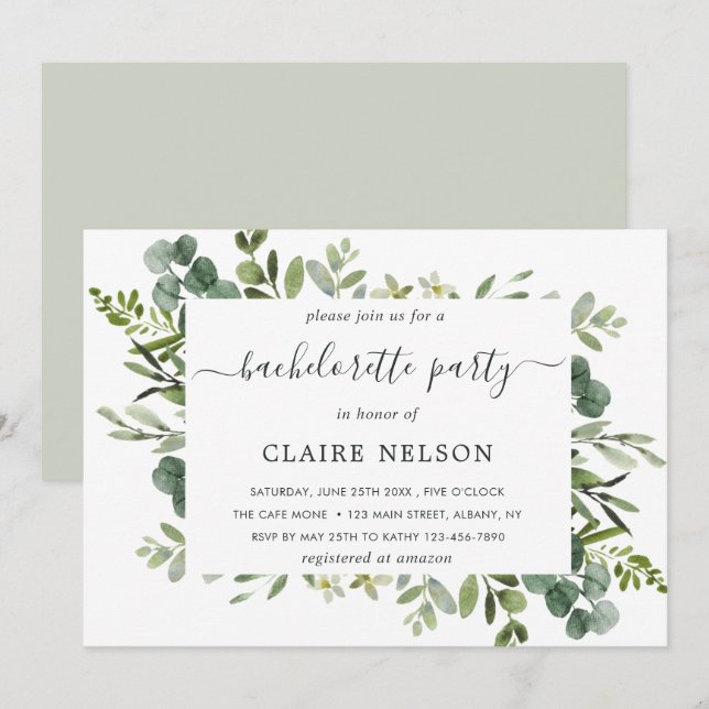 Invitation Eucalyptus Green Foliage Bachelorette Party (Devant / Derrière)