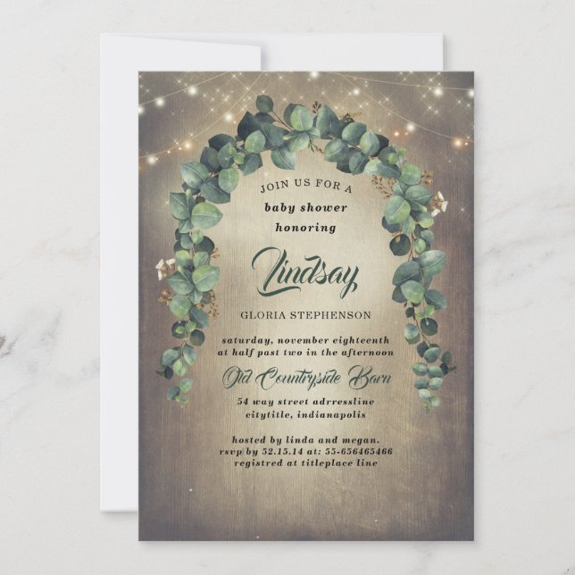 Invitation Eucalyptus Green Garland Baby shower rustique (Devant)