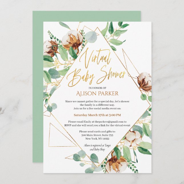 Invitation Eucalyptus Green Gold Baby shower virtuel (Devant / Derrière)