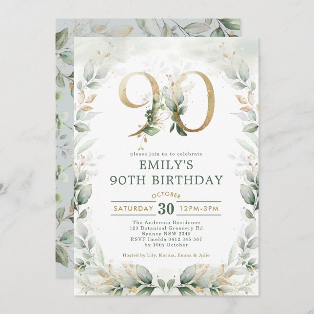 Invitation Eucalyptus Green Gold Garden 90e anniversaire (Devant / Derrière)
