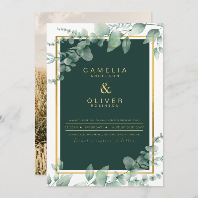 Invitation Eucalyptus Green Gold PHOTO MARIAGE INVITE (Devant / Derrière)