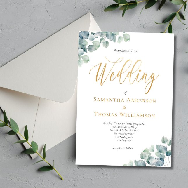 Invitation Eucalyptus Green Gold Script Mariage élégant (Eucalyptus Greenery Gold Script Formal Elegant Wedding invitation)