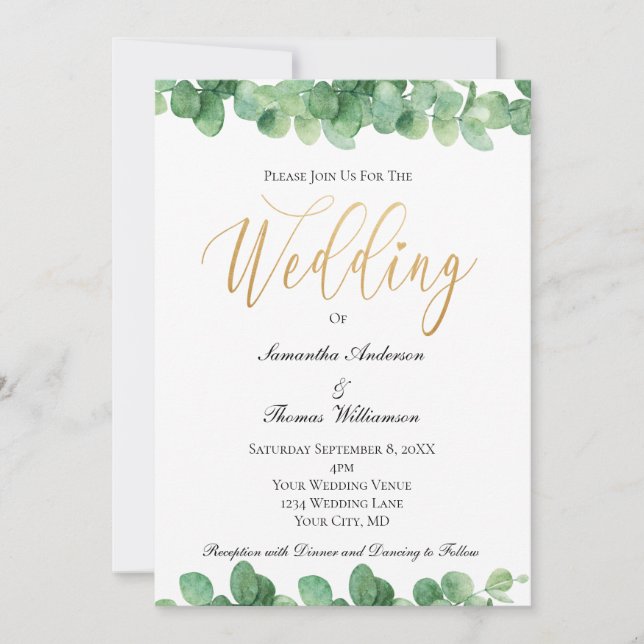 Invitation Eucalyptus Green Gold Script Mariage élégant (Devant)
