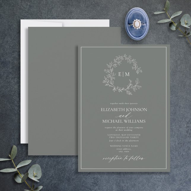 Invitation Eucalyptus Green Leafer Crest Monogram Mariage (Créateur téléchargé)