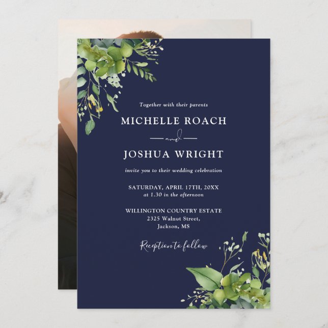 Invitation Eucalyptus Green Mariage photo bleu marine (Devant / Derrière)