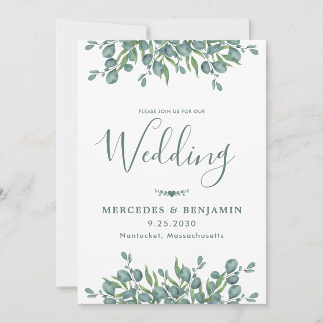 Invitation Eucalyptus Green Moderne QR Code Mariage (Devant)
