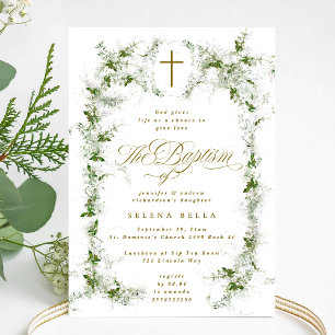 Invitation Eucalyptus Green White Frame Cross Baptême