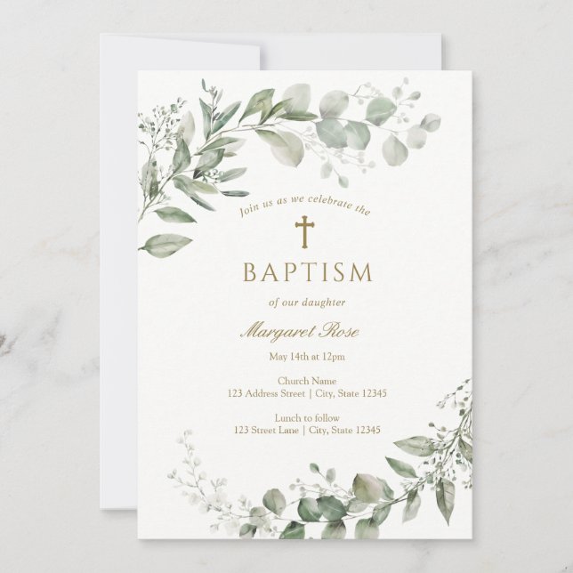 Invitation Eucalyptus Greenery Baptism Religious (Devant)