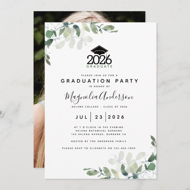 Invitation Eucalyptus Greenery Photo Graduation Party (Devant / Derrière)