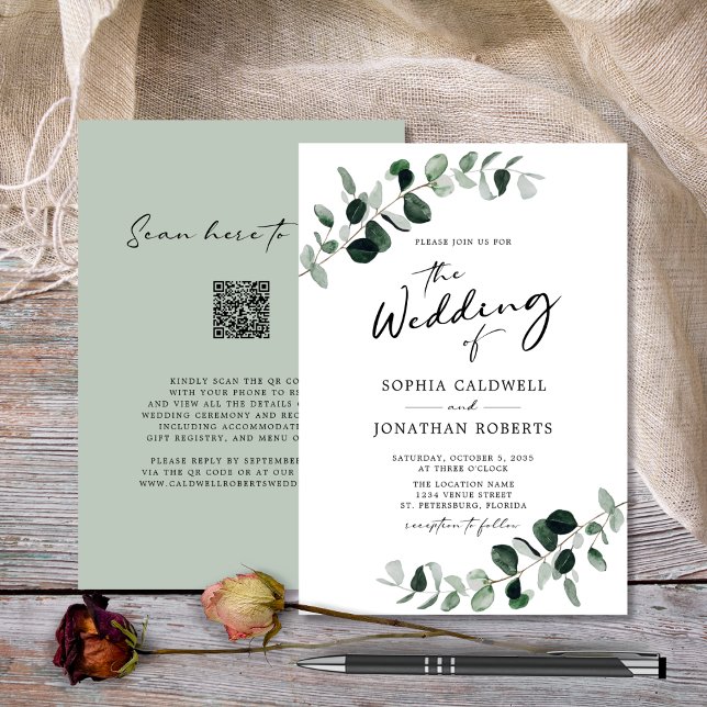 Invitation Eucalyptus Greenery QR Code Calligraphie Mariage (Wedding Invitation Eucalyptus Greenery QR Code RSVP White and Sage)