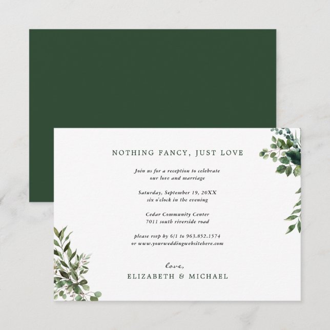 Invitation Eucalyptus Greenery Réception de mariage seulement (Devant / Derrière)