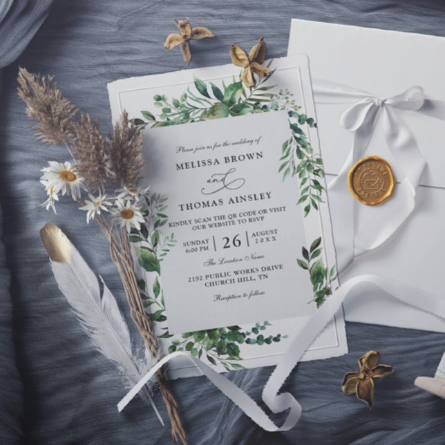 Invitation Eucalyptus Greenery Rustic Budget QR Code Wedding (Créateur téléchargé)