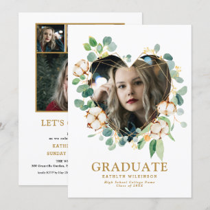 Invitation Eucalyptus Heart Wreath Gold Géométrique Grad Phot
