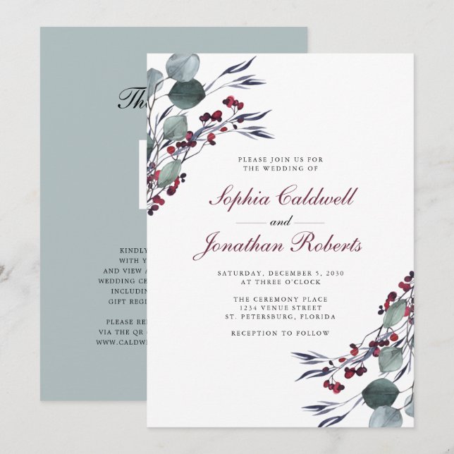 Invitation Eucalyptus Holly Berries Code QR Mariage RSVP (Devant / Derrière)