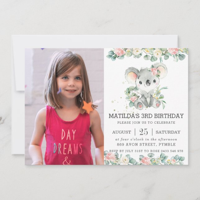 Invitation Eucalyptus Koala, fleurs vertes Photo d'anniversai (Devant)