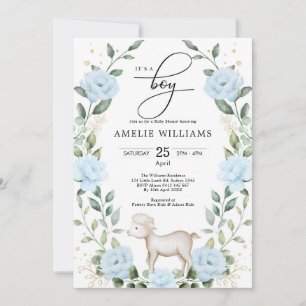 Invitation Eucalyptus Lamb bleu Baby shower garçon