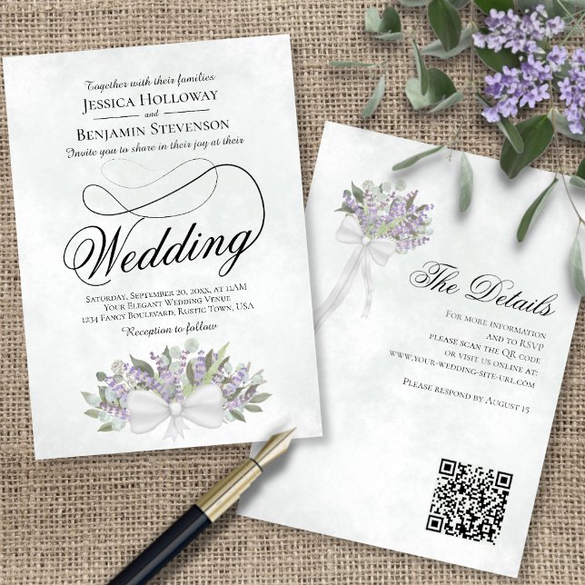 Invitation Eucalyptus & Lavender Bouquet QR Code Mariage (Front/Back)