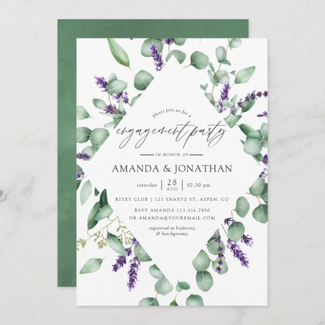 Invitation Eucalyptus Lavender Green Engagement Party (Devant / Derrière)
