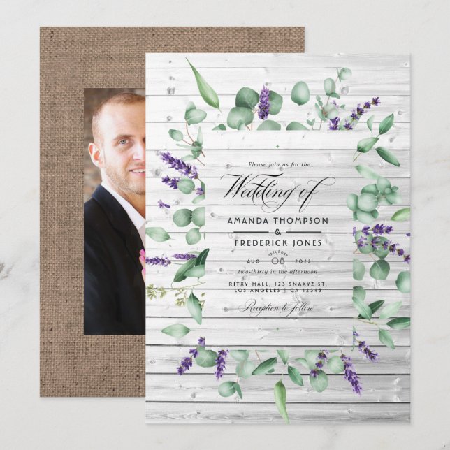 Invitation Eucalyptus Lavender Rustic Country Barne Mariage (Devant / Derrière)