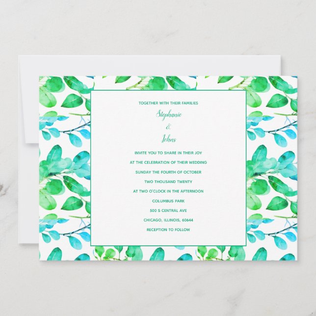 Invitation Eucalyptus Leaf Art Green Turquoise Dusty Blue Mar (Devant)