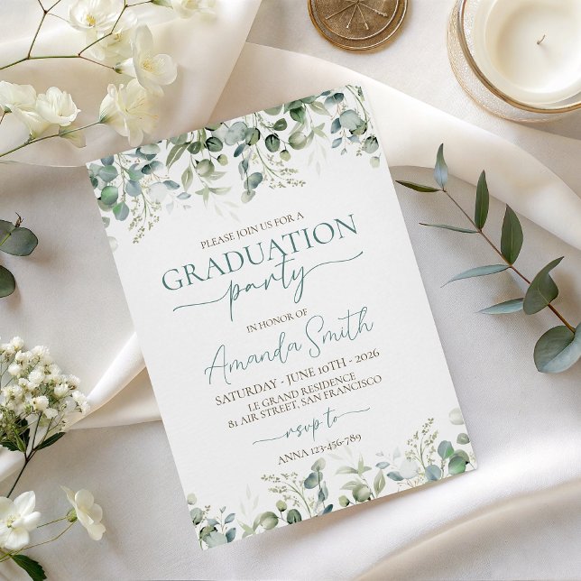 Invitation Eucalyptus Leaf Border Graduation Invite (Créateur téléchargé)