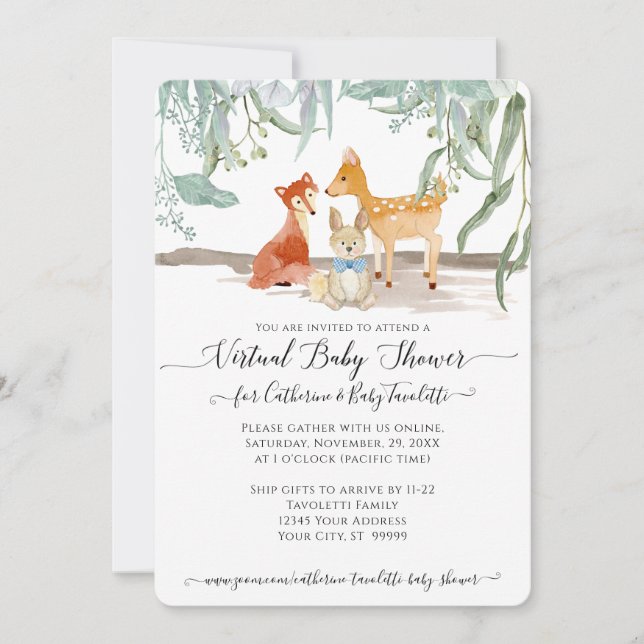 Invitation Eucalyptus Leaf Woods Deer Fox Baby Virtual Douche (Devant)