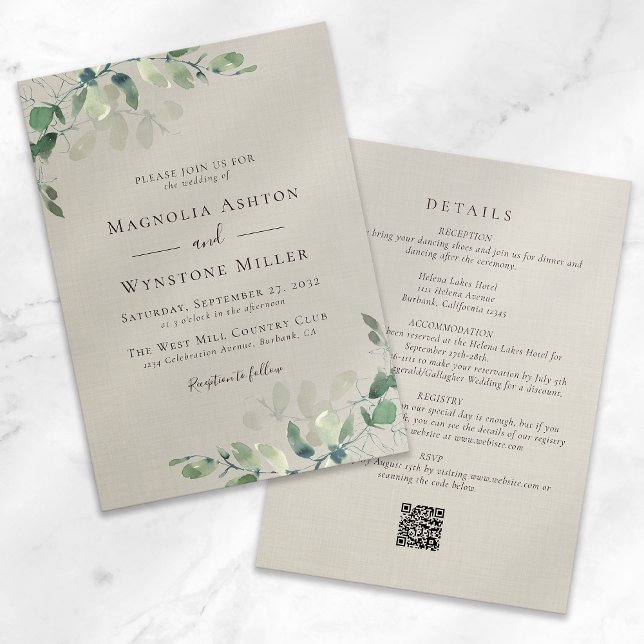 Invitation Eucalyptus Lin tout en un Mariage (Créateur téléchargé)