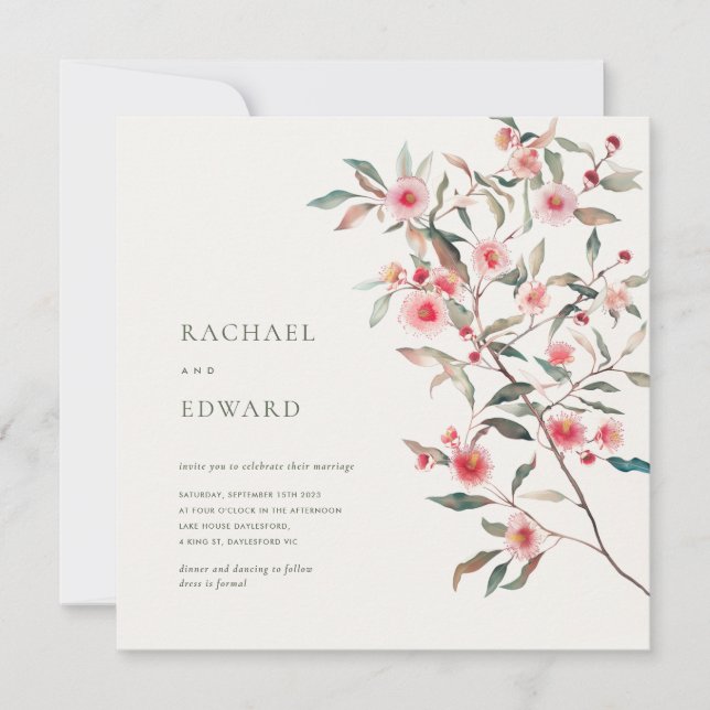 Invitation Eucalyptus Mariage de verdure et de fleurs roses (Devant)