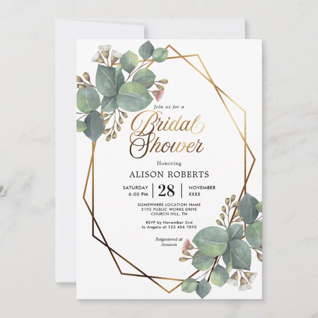 Invitation Eucalyptus mariage géométrique douche nuptiale (Devant)