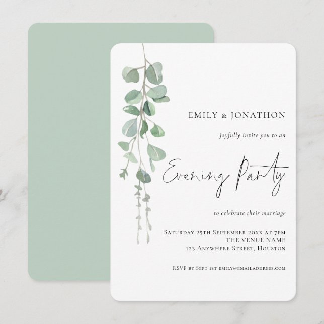 Invitation Eucalyptus Mariage soirée aquarelle (Devant / Derrière)