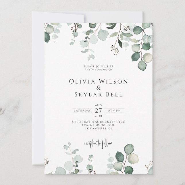 Invitation Eucalyptus Minimal QR Botanique Tout en un Mariage (Devant)